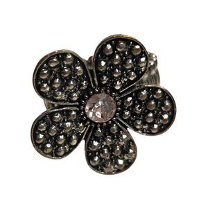 Silver-Tone Flower Stretch Ring Pink Rhinestone Center fairycore boho